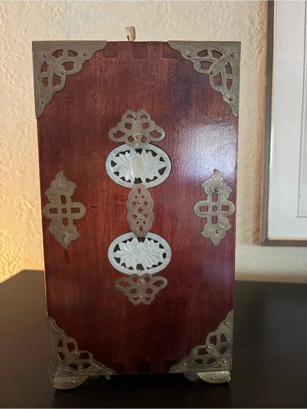 Vintage Asian  Wooden Jewelry Box with Jade-Inset Panels and Brass Details